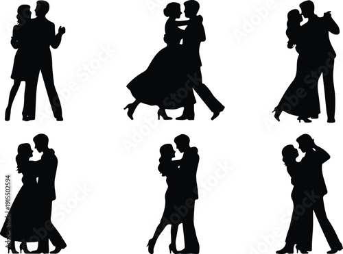 A black and white silhouette illustration of six romantic dance poses arranged in two rows of three.