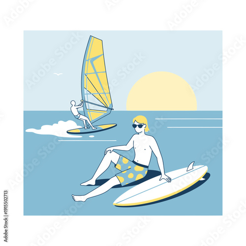 Summer Seaside Fun With Surfer And Windsurfer Enjoying The Ocean Waves