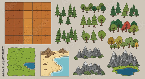 Vector top-down game map assets featuring various green trees, brown mountains, sandy beaches with blue water, and square terrain tiles for fantasy landscapes.