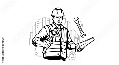 Construction Worker with Tools Illustration.