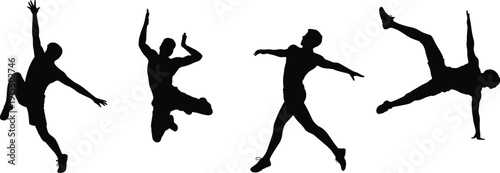 Set of athletic male silhouettes performing jumping, dancing, and acrobatic moves, showing fitness energy, sports action poses, workout motion, and active lifestyle concept.