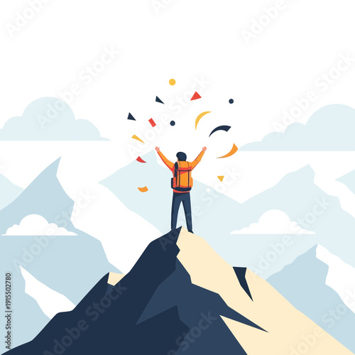 Summit Success Celebration Of A Lone Hiker With Confetti In The Sky