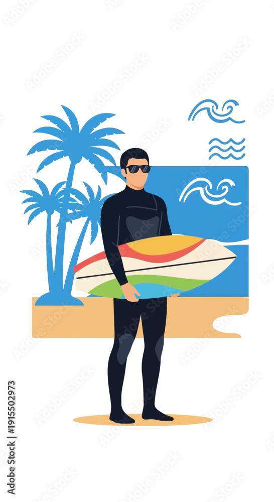 Fototapeta premium Surfer In Wetsuit Holding Surfboard On Tropical Beach With Palm Trees and Ocean Waves