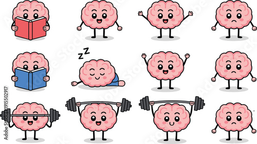 Cute brain cartoon character set showing reading books, sleeping, waving hands, happy and sad emotions, and weightlifting exercise, funny mascot isolated on white.