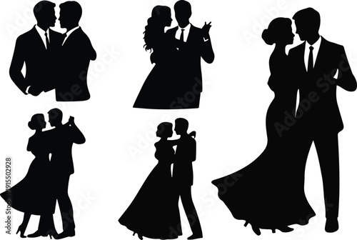 A black and white silhouette illustration of six romantic dance poses arranged in two rows of three.