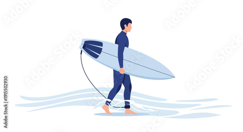 Surfer Carrying Board Walks Through Gentle Waves