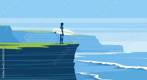 Surfer Gazing At Ocean Waves From Cliff Edge Minimalist Adventure