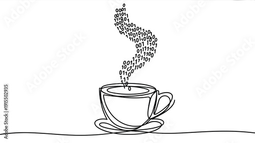 Line drawing of a coffee cup with steam composed of numbers