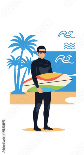 Surfer In Wetsuit Holding Surfboard On Tropical Beach With Palm Trees and Ocean Waves