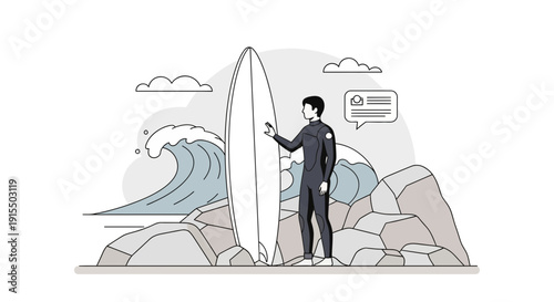 Surfer Ready For Ocean Adventure With Surfboard On Rocky Shore