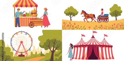 A 2x2 grid illustration set in a flat, cartoon style depicting a farmer's market and carnival scene.
