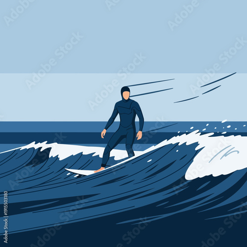 Surfer Riding Blue Wave On A Sunny Day Vector Art