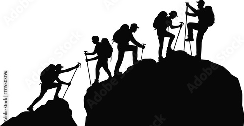 Silhouette group of hikers climbing mountain ridge with trekking poles, outdoor adventure teamwork concept, hiking expedition, leadership and success, nature travel, challenge and achievement.