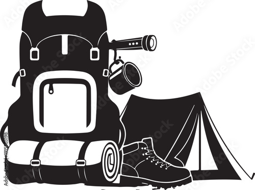 Hiking gear items including backpack boots and tent on transparent background for adventure