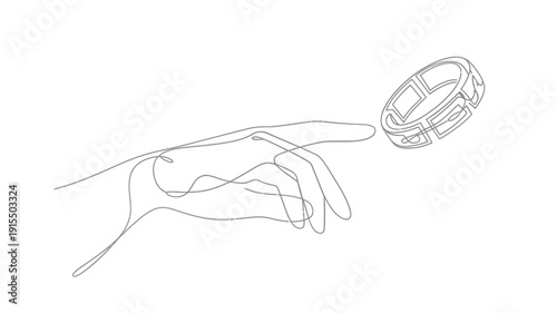 A hand reaching towards a floating abstract circular object in line art