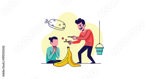 A humorous cartoon illustration depicts a man playing a series of classic pranks for April Fools' Day, including a banana peel and a whoopee cushion.