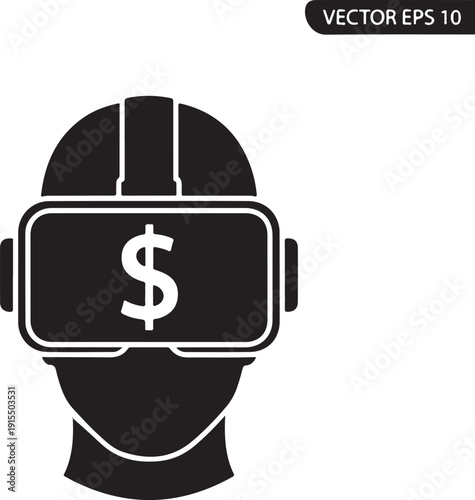 Black silhouette of head wearing virtual reality headset with dollar sign VR headset money finance d