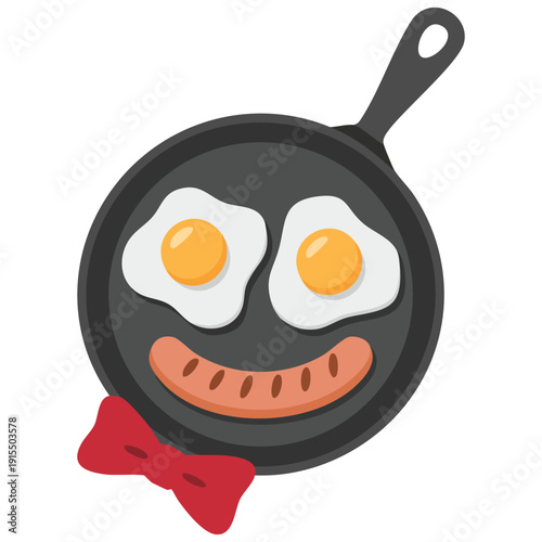Whimsical Fried Eggs and Sausage Shaped Like an Emoticon with a Red Bow in a Pan