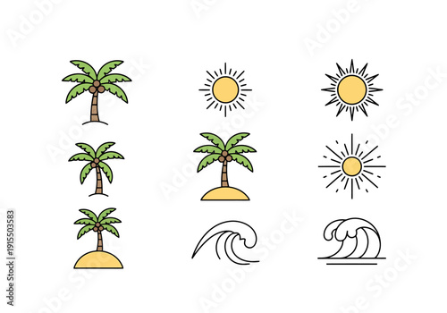 Tropical Beach Elements and Sunny Day Icons Collection for Summer Vacation and Travel Designs
