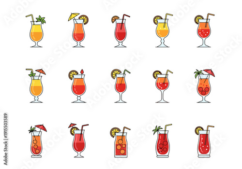 Collection of Colorful Refreshing Mixed Drinks with Garnish and Straws for Summer Refreshment and Celebration Events
