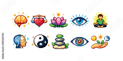 Wellness and meditation icon set. Zen, mindfulness graphics in vibrant pixel art style