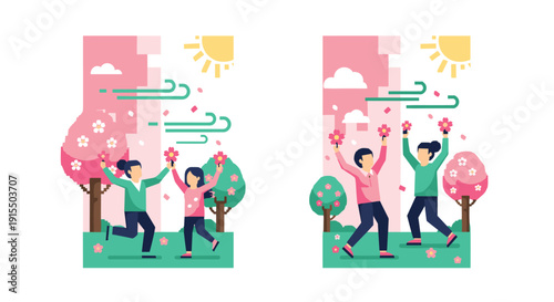 A two-panel illustration shows a happy young couple playfully celebrating spring in a park, surrounded by blooming cherry blossom trees and blowing petals.