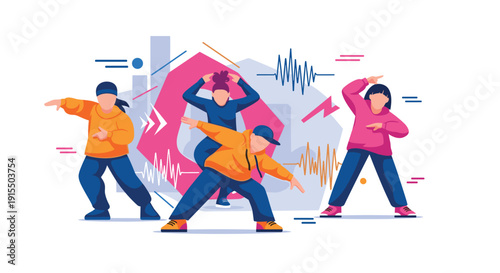 A dynamic illustration captures a diverse group of young people in trendy streetwear performing energetic hip-hop dance moves against an abstract, musical background.