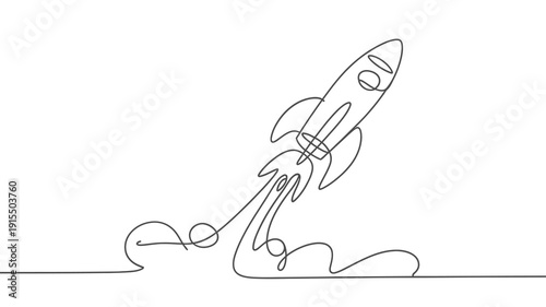 A continuous line drawing depicts a rocket launching with fiery exhaust