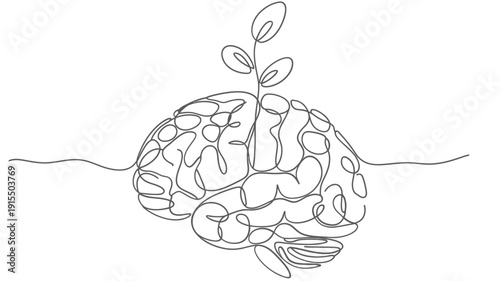 A single line drawing of a brain with a sprouting plant