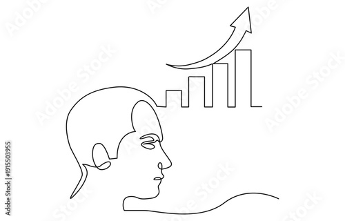 Business man brain with idea light bulb and up forward arrow, concept of making big idea. Decorative elements drawn on a white background. 