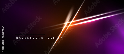 Abstract neon lines intersect dark purple, orange gradients. Text reads background design. Modern, vibrant visual presentation.