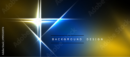 Abstract background features vibrant blue, yellow light streaks. Geometric shapes intersect creating dynamic visual effect. Dark borders frame design.