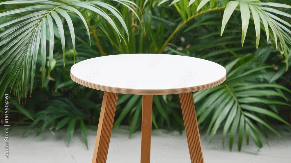 Fototapeta premium Modern Round White Table with Wooden Legs Surrounded by Lush Greenery for Stylish Decor and Interior Design