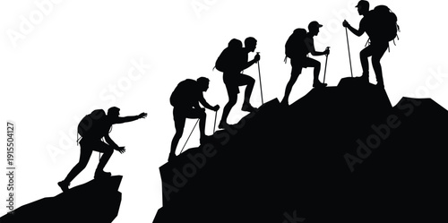 Silhouette of hikers climbing steep mountain with backpacks and trekking poles, teamwork and leadership concept, outdoor adventure expedition, success achievement, hiking challenge in nature.