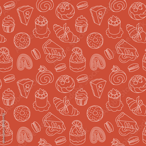 Hand-drawn seamless pattern made of desserts, pastries and sweet buns for cafe or pastry branding and packaging, background 