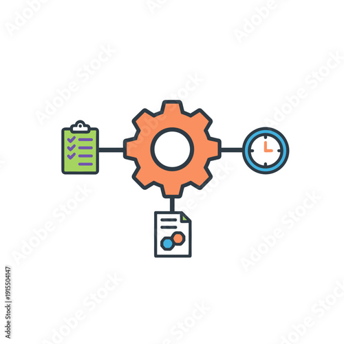 Routine task automation workflow with gear checklist and clock symbolizing process optimization productivity and time management concept