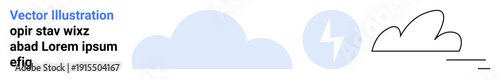 Weather, meteorology, forecasts, climate change, data visualization, digital icons. Cloud shapes with a lightning symbol and line art style. Weather and meteorology concept
