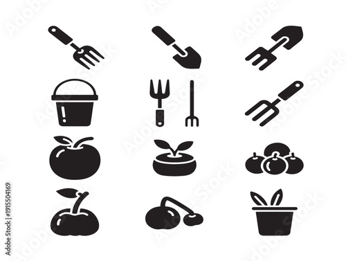 Detailed gardening tools silhouette with essential equipment line art designs