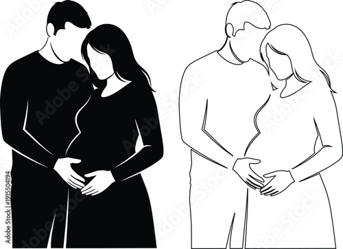 Couple celebrating pregnancy with different emotional expressions in two illustrations