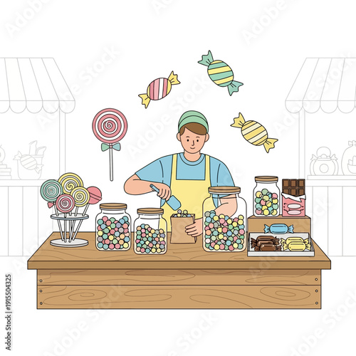 Sweet Confectionery Vendor Preparing Colorful Candies For Customers