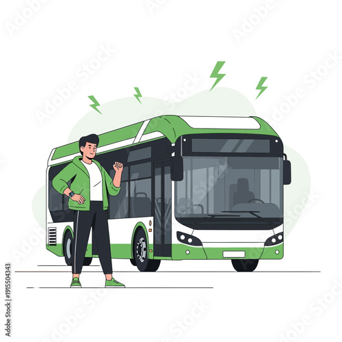 Sustainable Urban Transit Future Person Standing Beside Modern Electric Bus Illustration