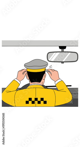 Taxi Driver Adjusts Uniform Cap Preparing For Next Fare Journey Safely