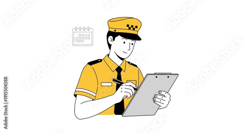 Taxi Driver Documenting Journey Details With Calendar Icon On Background