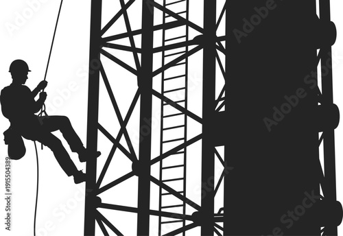 Silhouette of industrial worker climbing and rappelling with safety rope on metal tower structure. Construction height work concept isolated on white background illustration.
