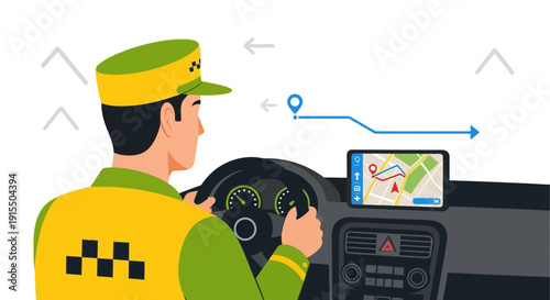 Taxi Driver Navigates City Routes With Digital Map Interface