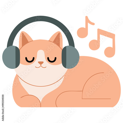 Ginger Cat Enjoying Music with Headphones and Floating Musical Notes Vector Sticker
