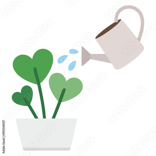 Gardening Scene with a Watering Can Nurturing Young Plants and Flowers in Soil