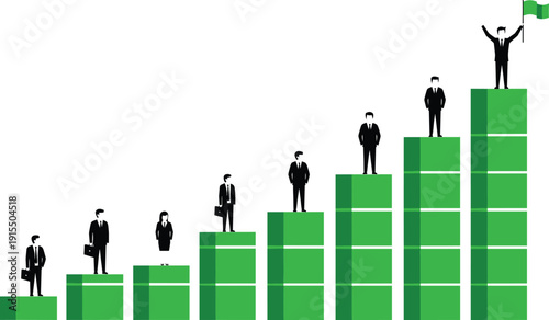 Business Career Growth Infographic with Professionals Climbing Bar Chart to Success and Leadership Victory