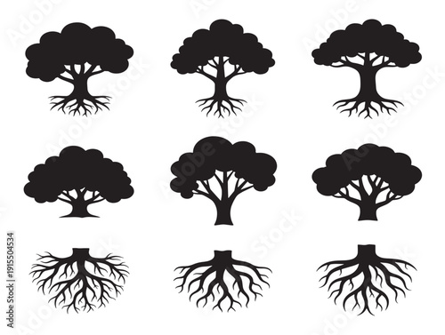 Intricate tree roots silhouette with beautiful underground organic line art