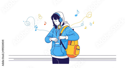 Teenager Wearing Headphones Enjoying Music While Carrying Backpack Outdoors
